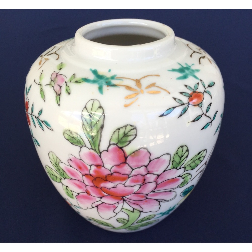 Vintage Japanese Hand Painted Porcelain Ginger Jar Pink Floral Gold Gilt 4.25in